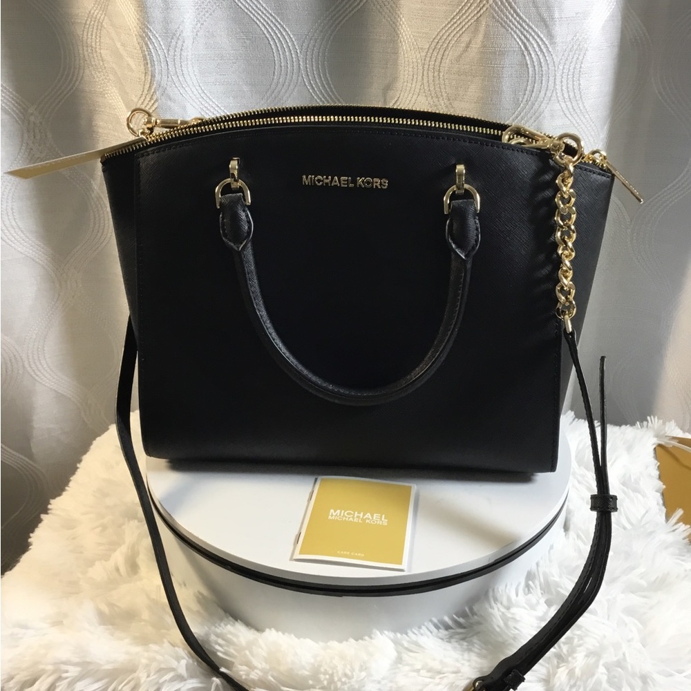 Michael Kors Black Saffiano Satchel with Gold Chain Strap - Picture 6 of 8